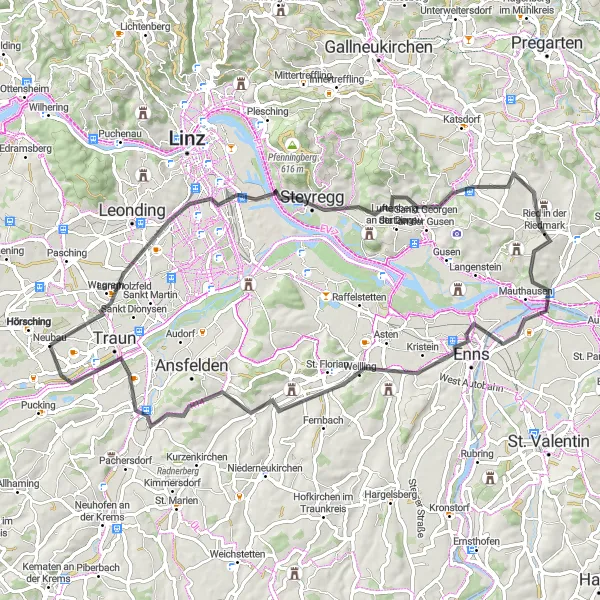 Map miniature of "Discover Steyregg and Beyond" cycling inspiration in Oberösterreich, Austria. Generated by Tarmacs.app cycling route planner