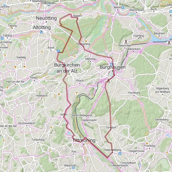 Miniatua del mapa de inspiración ciclista "Aventura en Grava hacia Burghausen" en Oberösterreich, Austria. Generado por Tarmacs.app planificador de rutas ciclistas
