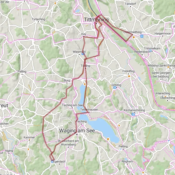 Map miniature of "Exploring Burg Tittmoning Gravel Route" cycling inspiration in Oberösterreich, Austria. Generated by Tarmacs.app cycling route planner