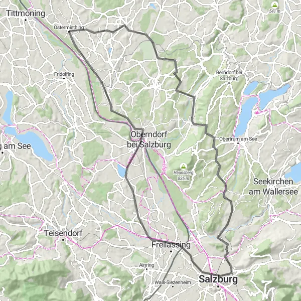 Miniatua del mapa de inspiración ciclista "Ruta por carretera de Ostermiething a Salzach" en Oberösterreich, Austria. Generado por Tarmacs.app planificador de rutas ciclistas