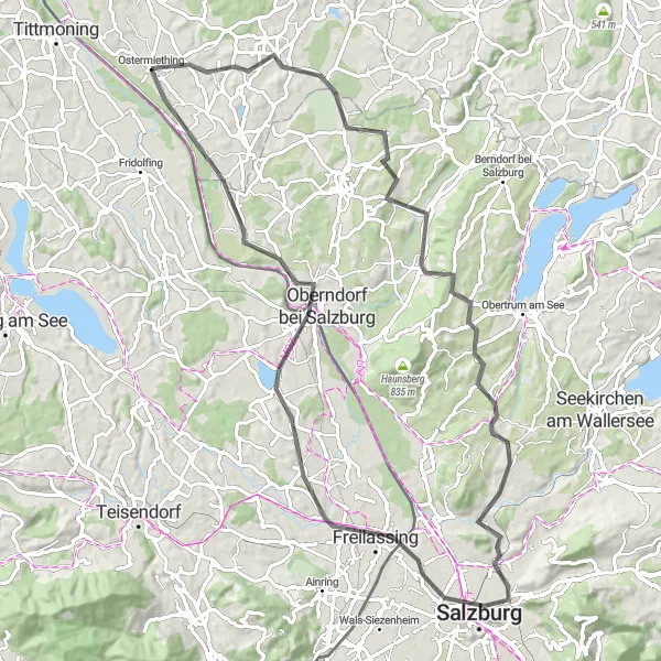 Miniatuurkaart van de fietsinspiratie "Ostermiething - Haigermoos - Nußdorf am Haunsberg" in Oberösterreich, Austria. Gemaakt door de Tarmacs.app fietsrouteplanner