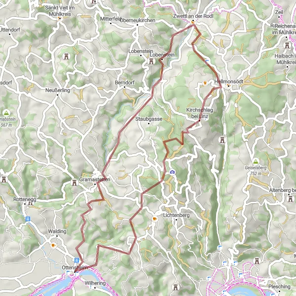 Karttaminiaatyyri "Donau-Gravel-Runde" pyöräilyinspiraatiosta alueella Oberösterreich, Austria. Luotu Tarmacs.app pyöräilyreittisuunnittelijalla