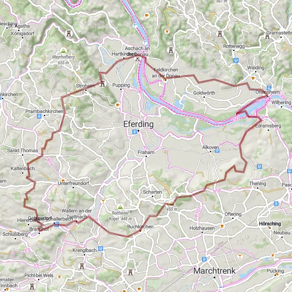 Miniatua del mapa de inspiración ciclista "Ruta de Grava de Ottensheim a Lindham" en Oberösterreich, Austria. Generado por Tarmacs.app planificador de rutas ciclistas