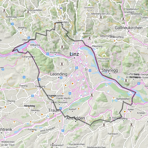 Mapa miniatúra "Historické stopy okolo Ottensheimu" cyklistická inšpirácia v Oberösterreich, Austria. Vygenerované cyklistickým plánovačom trás Tarmacs.app