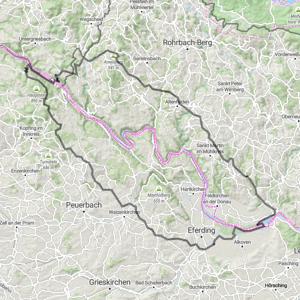 Miniatura della mappa di ispirazione al ciclismo "Tour dei castelli lungo il Danubio" nella regione di Oberösterreich, Austria. Generata da Tarmacs.app, pianificatore di rotte ciclistiche
