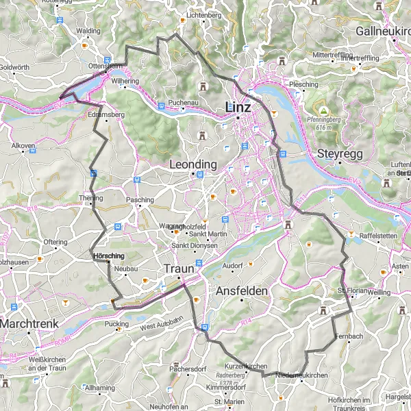 Miniatua del mapa de inspiración ciclista "Ruta de Carretera de Ottensheim a Schloss Ottensheim" en Oberösterreich, Austria. Generado por Tarmacs.app planificador de rutas ciclistas