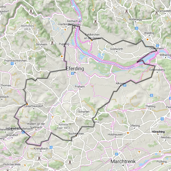 Kartminiatyr av "Schloss Ottensheim til Lindham Loop" sykkelinspirasjon i Oberösterreich, Austria. Generert av Tarmacs.app sykkelrutoplanlegger