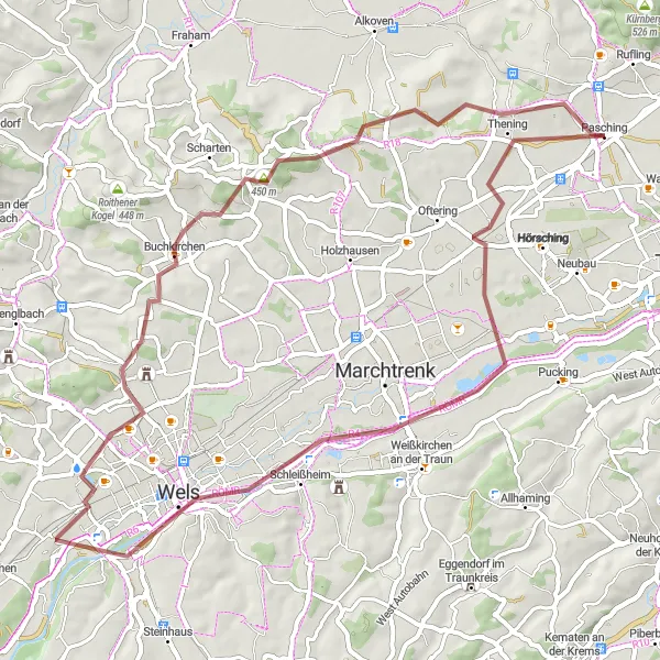 Miniatura della mappa di ispirazione al ciclismo "Escursione in Gravel da Pasching a Kirchberg" nella regione di Oberösterreich, Austria. Generata da Tarmacs.app, pianificatore di rotte ciclistiche