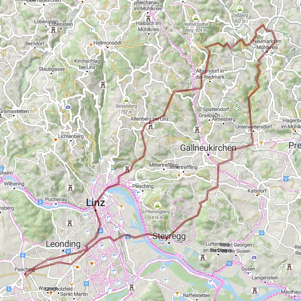 Map miniature of "Linz- Schloss- Alberndorf in der Riedmark- Ura Stoa- Kogl- Unterweitersdorf- Steyregg- Untergaumberg" cycling inspiration in Oberösterreich, Austria. Generated by Tarmacs.app cycling route planner