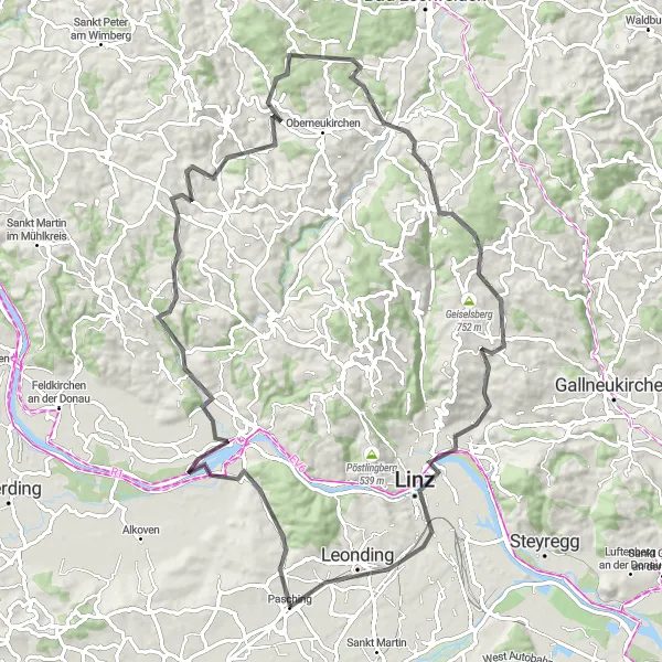 Karten-Miniaturansicht der Radinspiration "Herausfordernde Tour Walding-Pasching" in Oberösterreich, Austria. Erstellt vom Tarmacs.app-Routenplaner für Radtouren