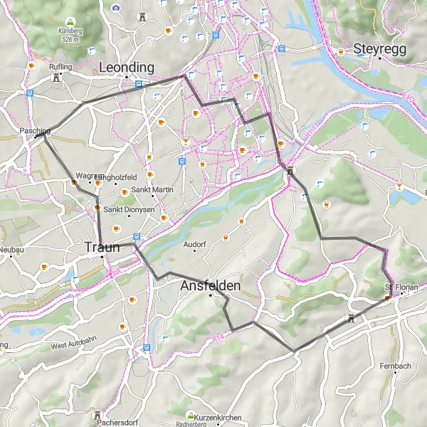 Kartminiatyr av "Rundtur til Leonding fra Pasching" sykkelinspirasjon i Oberösterreich, Austria. Generert av Tarmacs.app sykkelrutoplanlegger