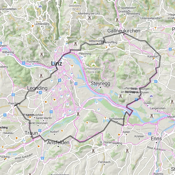 Zemljevid v pomanjšavi "Raziskovanje road kolesarske poti" kolesarske inspiracije v Oberösterreich, Austria. Generirano z načrtovalcem kolesarskih poti Tarmacs.app