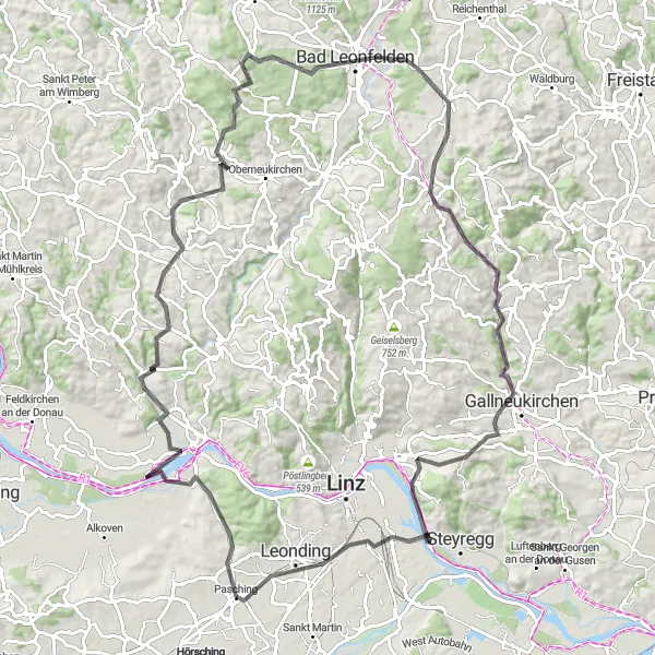 Map miniature of "Walding- Guglbühel- Neußerling- Alpenblick- Bad Leonfelden- Reichenau im Mühlkreis- Blaßberg- Gallneukirchen- Predigtstuhl- Leonding" cycling inspiration in Oberösterreich, Austria. Generated by Tarmacs.app cycling route planner