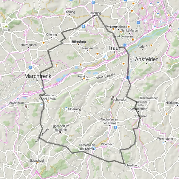 Mapa miniatúra "Cyklotrasa cez pasy poblíž Pasching (Oberösterreich, Rakúsko)" cyklistická inšpirácia v Oberösterreich, Austria. Vygenerované cyklistickým plánovačom trás Tarmacs.app