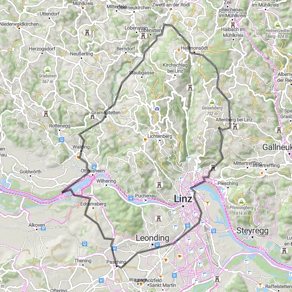 Map miniature of "Pasching- Walding- Gramastetten- Hellmonsödt- Altenberg bei Linz- Aussichtsplattform Somnium- Leonding" cycling inspiration in Oberösterreich, Austria. Generated by Tarmacs.app cycling route planner