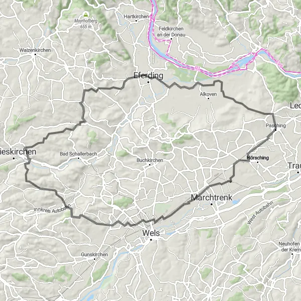 Miniatura della mappa di ispirazione al ciclismo "Giro in bicicletta dalle vicinanze di Pasching" nella regione di Oberösterreich, Austria. Generata da Tarmacs.app, pianificatore di rotte ciclistiche