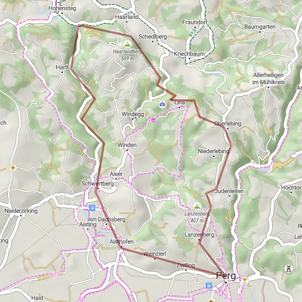 Miniatura della mappa di ispirazione al ciclismo "Giro in bicicletta gravel da Perg a Lanzenberg" nella regione di Oberösterreich, Austria. Generata da Tarmacs.app, pianificatore di rotte ciclistiche