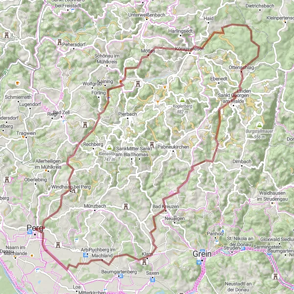 Zemljevid v pomanjšavi "Gravel Potep okrog Perga" kolesarske inspiracije v Oberösterreich, Austria. Generirano z načrtovalcem kolesarskih poti Tarmacs.app