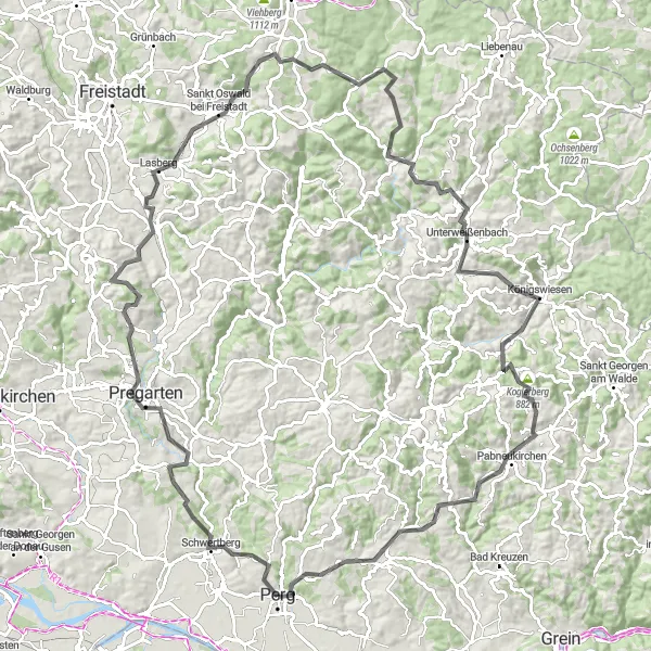 Miniatua del mapa de inspiración ciclista "Desafiante ruta ciclista por la región de Königswiesen" en Oberösterreich, Austria. Generado por Tarmacs.app planificador de rutas ciclistas