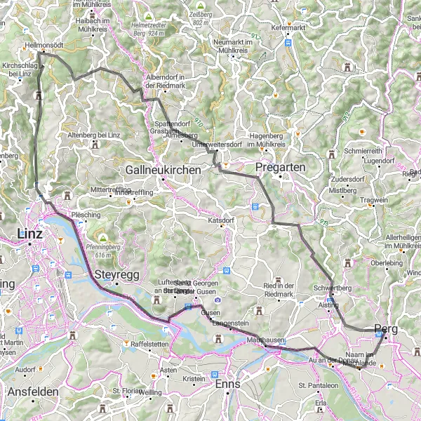 Map miniature of "Alpine Road Adventure near Perg" cycling inspiration in Oberösterreich, Austria. Generated by Tarmacs.app cycling route planner