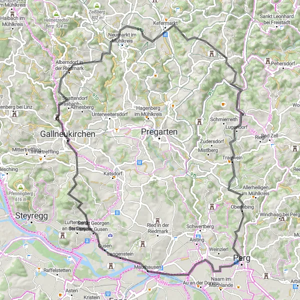 Map miniature of "The Hometown Road Loop from Perg" cycling inspiration in Oberösterreich, Austria. Generated by Tarmacs.app cycling route planner