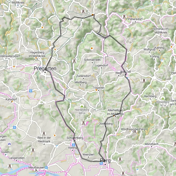 Miniatura della mappa di ispirazione al ciclismo "Viaggio tra Borghi Medievali e Paesaggi Rurali" nella regione di Oberösterreich, Austria. Generata da Tarmacs.app, pianificatore di rotte ciclistiche