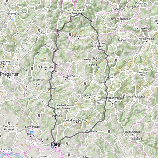 Miniaturní mapa "Okolní hory dál, síť cyklotras v okolí Perg" inspirace pro cyklisty v oblasti Oberösterreich, Austria. Vytvořeno pomocí plánovače tras Tarmacs.app