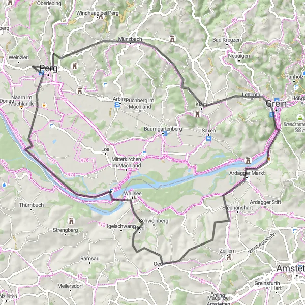 Miniatua del mapa de inspiración ciclista "Ruta escénica de ciclismo por Grein y Wallsee" en Oberösterreich, Austria. Generado por Tarmacs.app planificador de rutas ciclistas