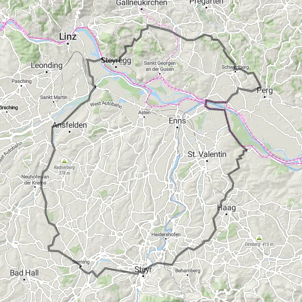 Miniatua del mapa de inspiración ciclista "Aventura ciclista por Perg y Steyr" en Oberösterreich, Austria. Generado por Tarmacs.app planificador de rutas ciclistas