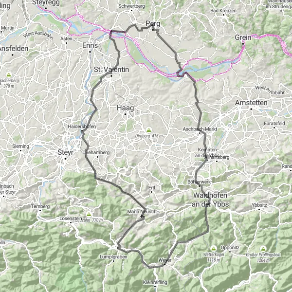 Kartminiatyr av "Oppdag historien og kulturen i Oberösterreich" sykkelinspirasjon i Oberösterreich, Austria. Generert av Tarmacs.app sykkelrutoplanlegger