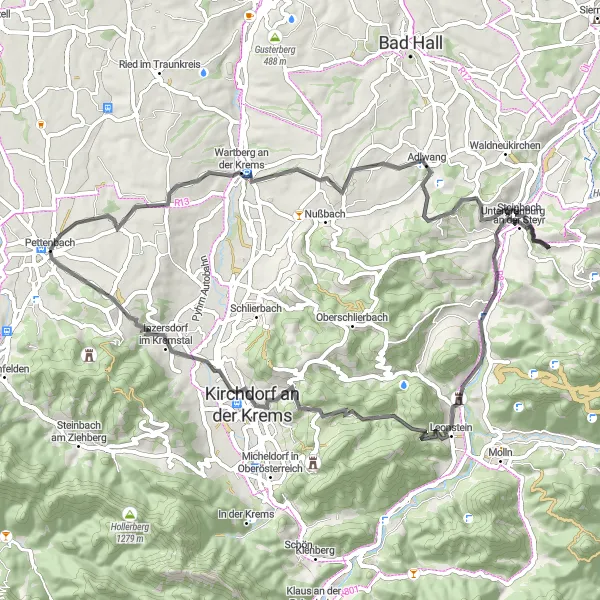 Karttaminiaatyyri "Kremsin kierros" pyöräilyinspiraatiosta alueella Oberösterreich, Austria. Luotu Tarmacs.app pyöräilyreittisuunnittelijalla