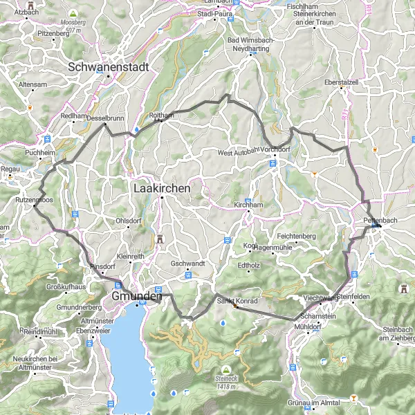 Miniatura della mappa di ispirazione al ciclismo "Tour tra laghi e castelli" nella regione di Oberösterreich, Austria. Generata da Tarmacs.app, pianificatore di rotte ciclistiche