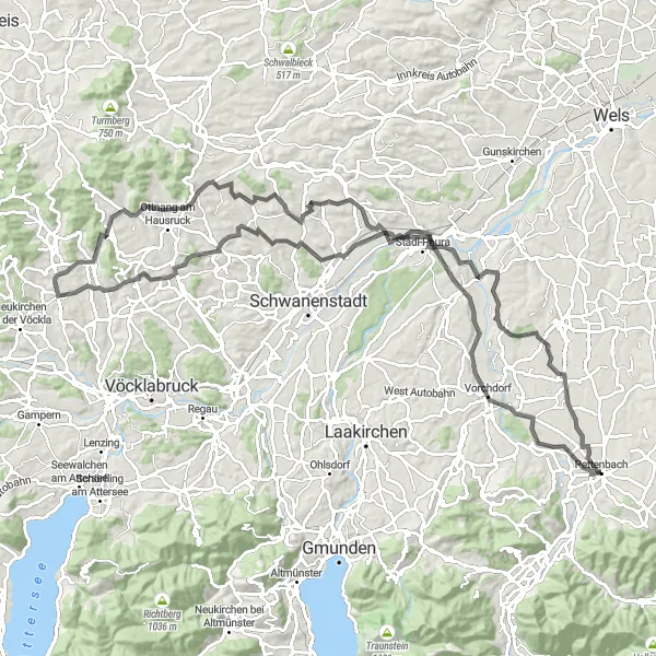 Karttaminiaatyyri "Pettenbach - Vorchdorf Road Cycling Route" pyöräilyinspiraatiosta alueella Oberösterreich, Austria. Luotu Tarmacs.app pyöräilyreittisuunnittelijalla