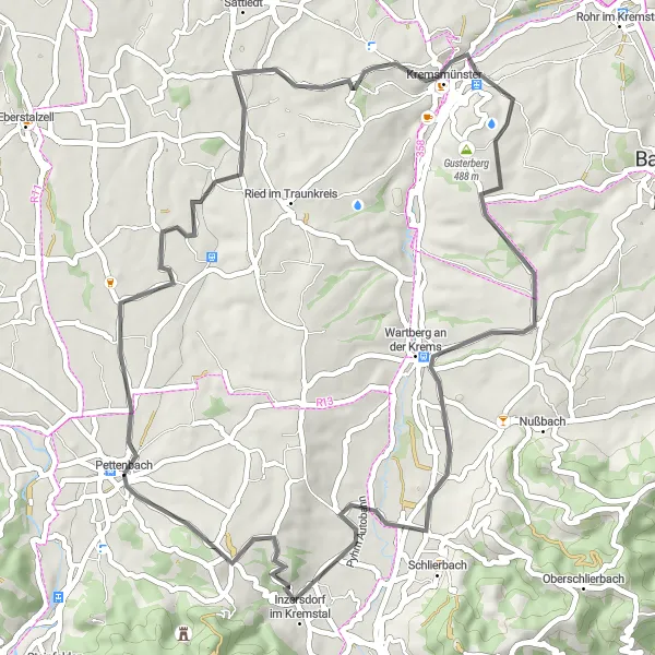 Karttaminiaatyyri "Pettenbach - Wartberg an der Krems Road Cycling Route" pyöräilyinspiraatiosta alueella Oberösterreich, Austria. Luotu Tarmacs.app pyöräilyreittisuunnittelijalla