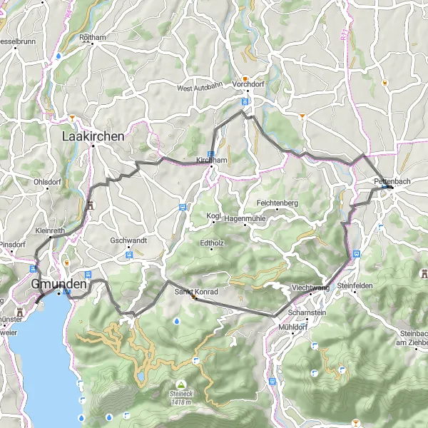 Miniatua del mapa de inspiración ciclista "Ruta de ciclismo cerca de Pettenbach con 54km" en Oberösterreich, Austria. Generado por Tarmacs.app planificador de rutas ciclistas