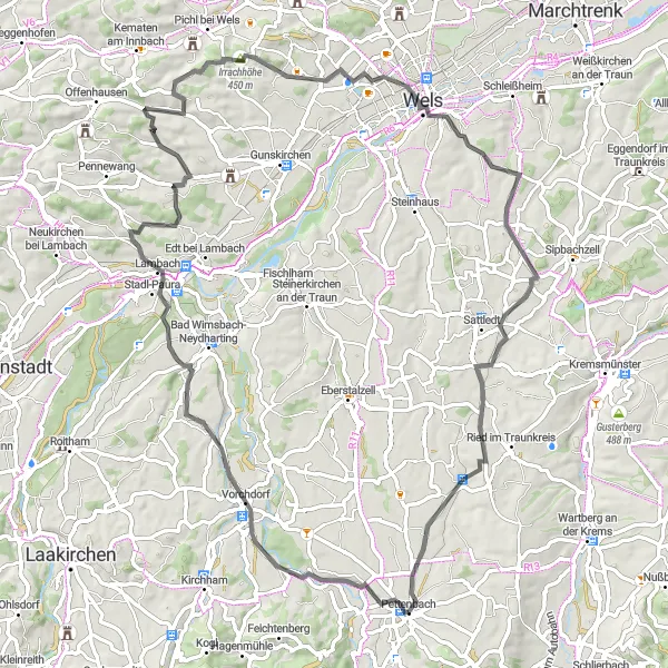 Mapa miniatúra "Z Pettenbachu do Welsu" cyklistická inšpirácia v Oberösterreich, Austria. Vygenerované cyklistickým plánovačom trás Tarmacs.app