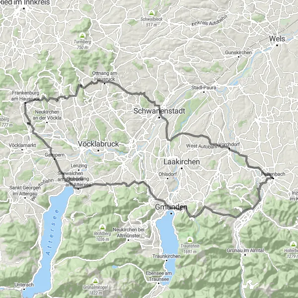 Miniatua del mapa de inspiración ciclista "Ruta de ciclismo cerca de Pettenbach con 117km" en Oberösterreich, Austria. Generado por Tarmacs.app planificador de rutas ciclistas