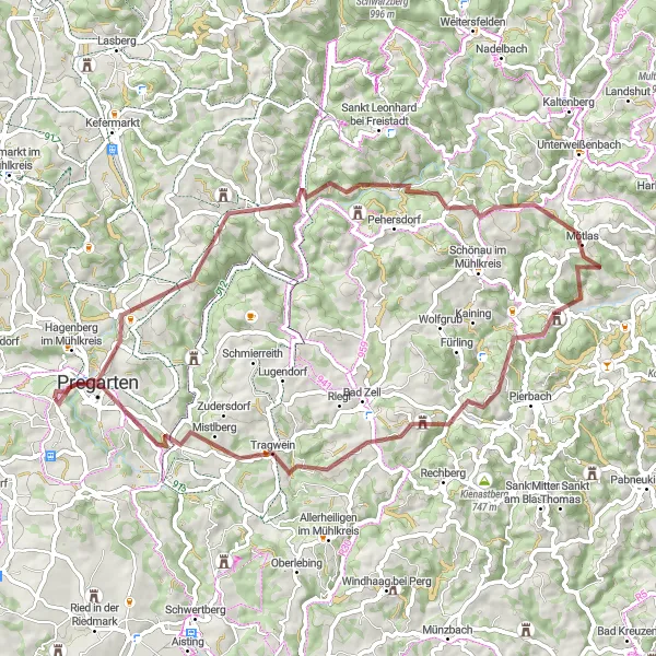 Miniatura della mappa di ispirazione al ciclismo "Giro in bicicletta Gravel da Pregarten" nella regione di Oberösterreich, Austria. Generata da Tarmacs.app, pianificatore di rotte ciclistiche