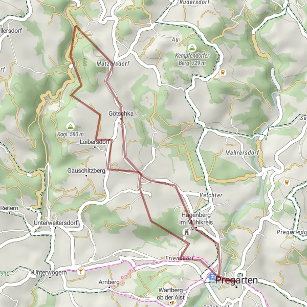 Miniatura della mappa di ispirazione al ciclismo "Breve giro tra Pregarten e Schloss Hagenberg" nella regione di Oberösterreich, Austria. Generata da Tarmacs.app, pianificatore di rotte ciclistiche