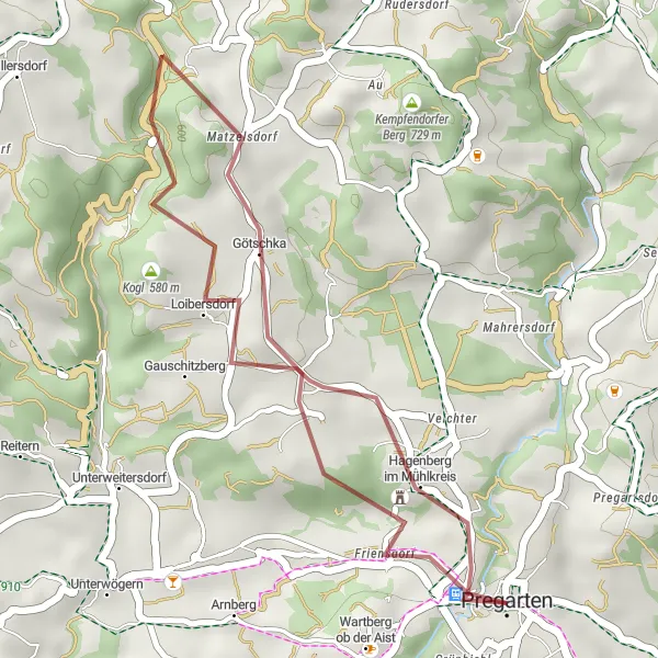 Miniaturní mapa "Gravel okruh kolem Pregarten" inspirace pro cyklisty v oblasti Oberösterreich, Austria. Vytvořeno pomocí plánovače tras Tarmacs.app