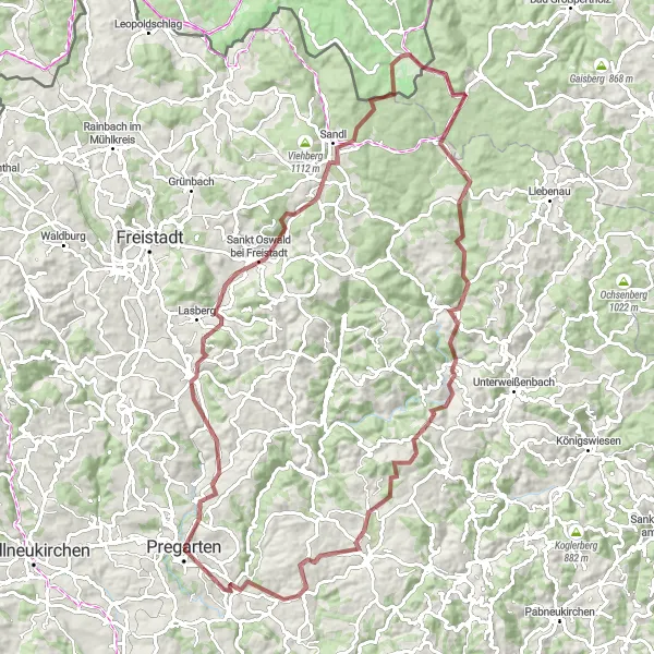 Miniatura della mappa di ispirazione al ciclismo "Avventuroso tour in bicicletta da Schloss Weinberg a Pregarten" nella regione di Oberösterreich, Austria. Generata da Tarmacs.app, pianificatore di rotte ciclistiche