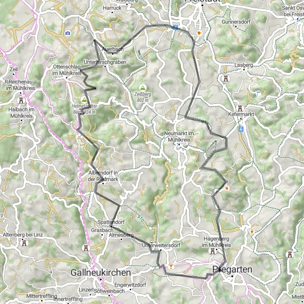 Map miniature of "Exploring Pregarten's Surroundings by Bike" cycling inspiration in Oberösterreich, Austria. Generated by Tarmacs.app cycling route planner