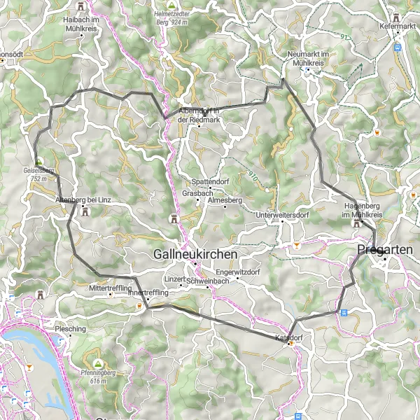 Map miniature of "Pregarten Road Adventure" cycling inspiration in Oberösterreich, Austria. Generated by Tarmacs.app cycling route planner