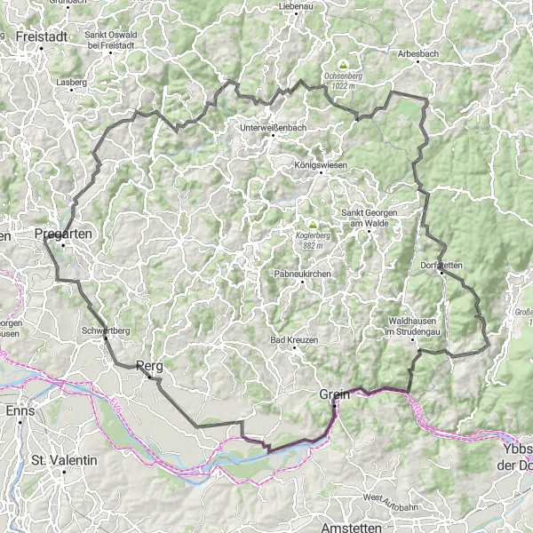 Miniaturní mapa "Cyklotrasa skrz malebnou krajinu" inspirace pro cyklisty v oblasti Oberösterreich, Austria. Vytvořeno pomocí plánovače tras Tarmacs.app