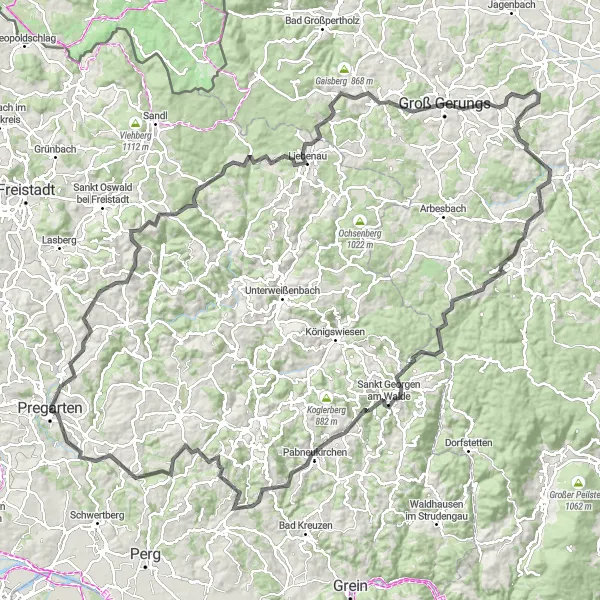 Miniature de la carte de l'inspiration cycliste "Aventure cycliste épique de Pregarten à Groß Gerungs" dans la Oberösterreich, Austria. Générée par le planificateur d'itinéraire cycliste Tarmacs.app