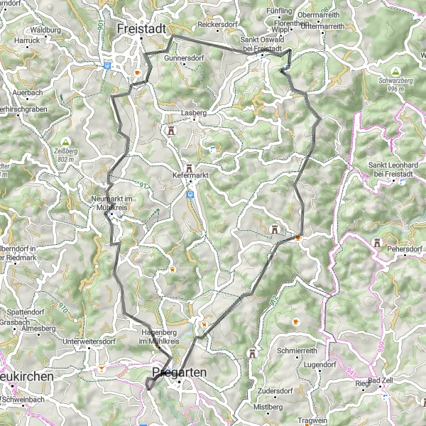 Miniatura della mappa di ispirazione al ciclismo "Giro in bici da Pregarten a Neumarkt im Mühlkreis" nella regione di Oberösterreich, Austria. Generata da Tarmacs.app, pianificatore di rotte ciclistiche