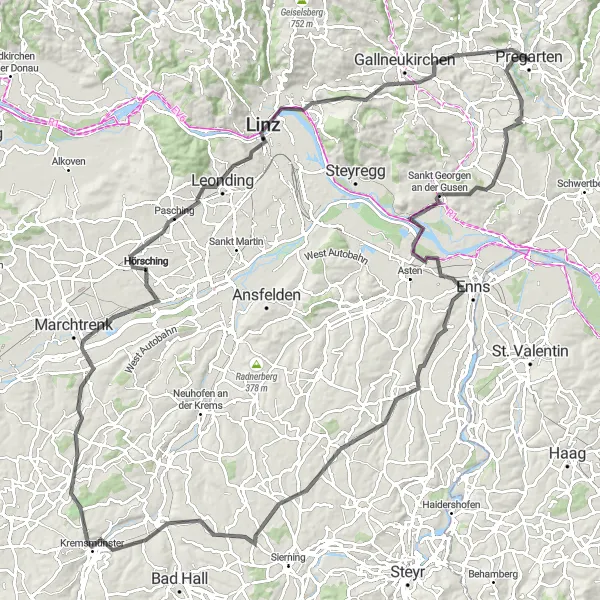 Map miniature of "The Cultural Tour through Pregarten and Beyond" cycling inspiration in Oberösterreich, Austria. Generated by Tarmacs.app cycling route planner