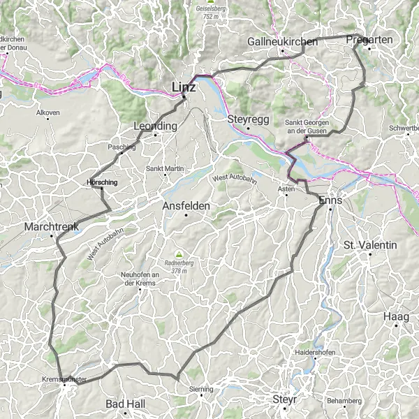 Miniatua del mapa de inspiración ciclista "Ruta de ciclismo de carretera Pregarten - Linz y alrededores" en Oberösterreich, Austria. Generado por Tarmacs.app planificador de rutas ciclistas