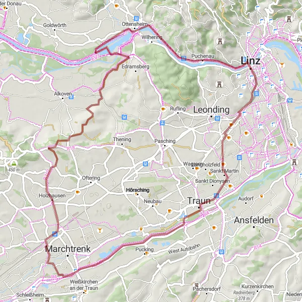 Mapa miniatúra "Gravel Tour Puchenau-Linz-Wilhering" cyklistická inšpirácia v Oberösterreich, Austria. Vygenerované cyklistickým plánovačom trás Tarmacs.app