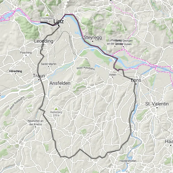 Miniatua del mapa de inspiración ciclista "Épica ruta de 91 km desde Puchenau" en Oberösterreich, Austria. Generado por Tarmacs.app planificador de rutas ciclistas